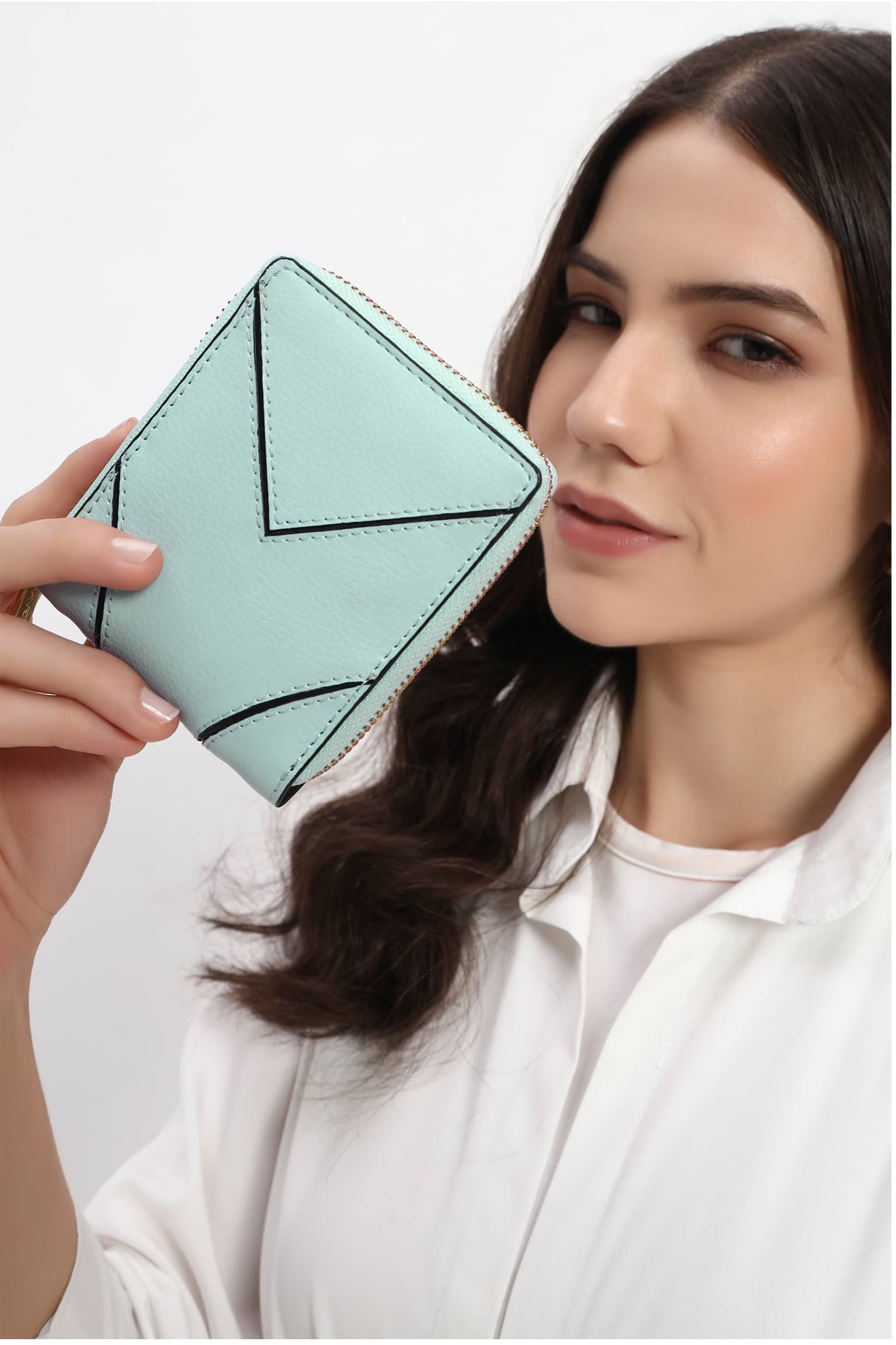 Classic Vegan Leather Zip Around Wallet - [Milky Blue]