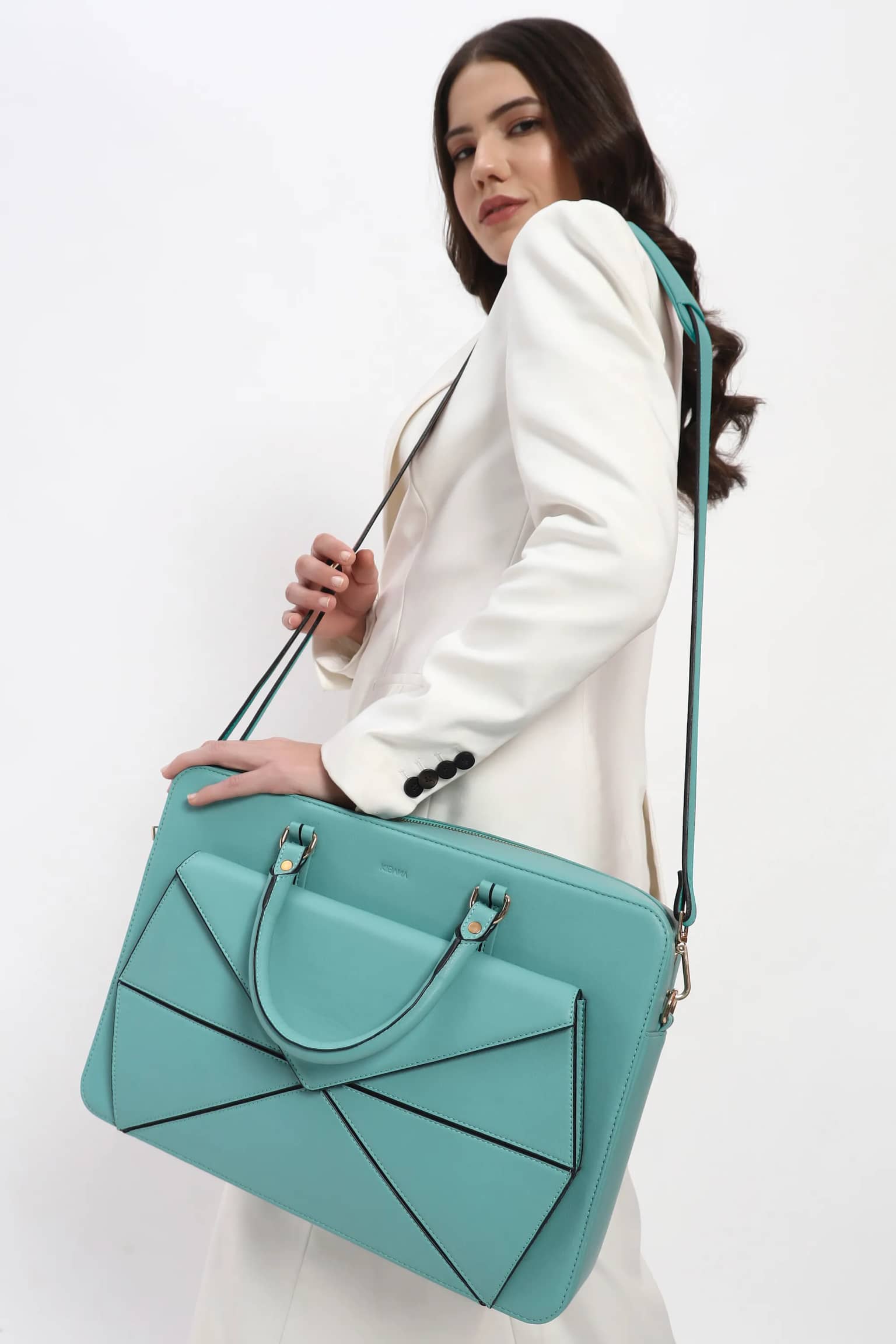 Sandesh Unisex Geometric Vegan Leather Laptop Briefcase Bag - [Milky Blue]