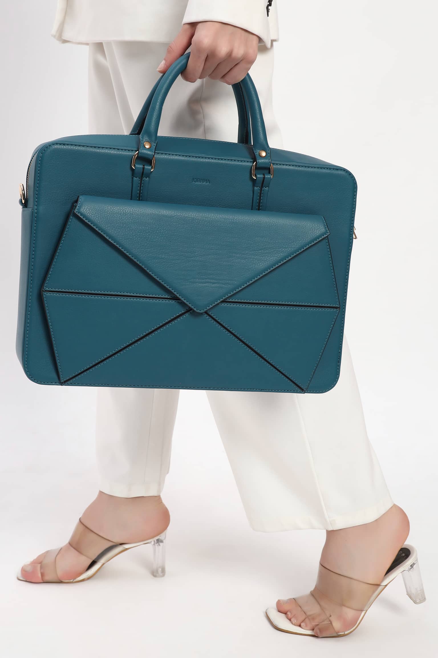 Sandesh Unisex Geometric Vegan Leather Laptop Briefcase Bag - [Teal Blue]