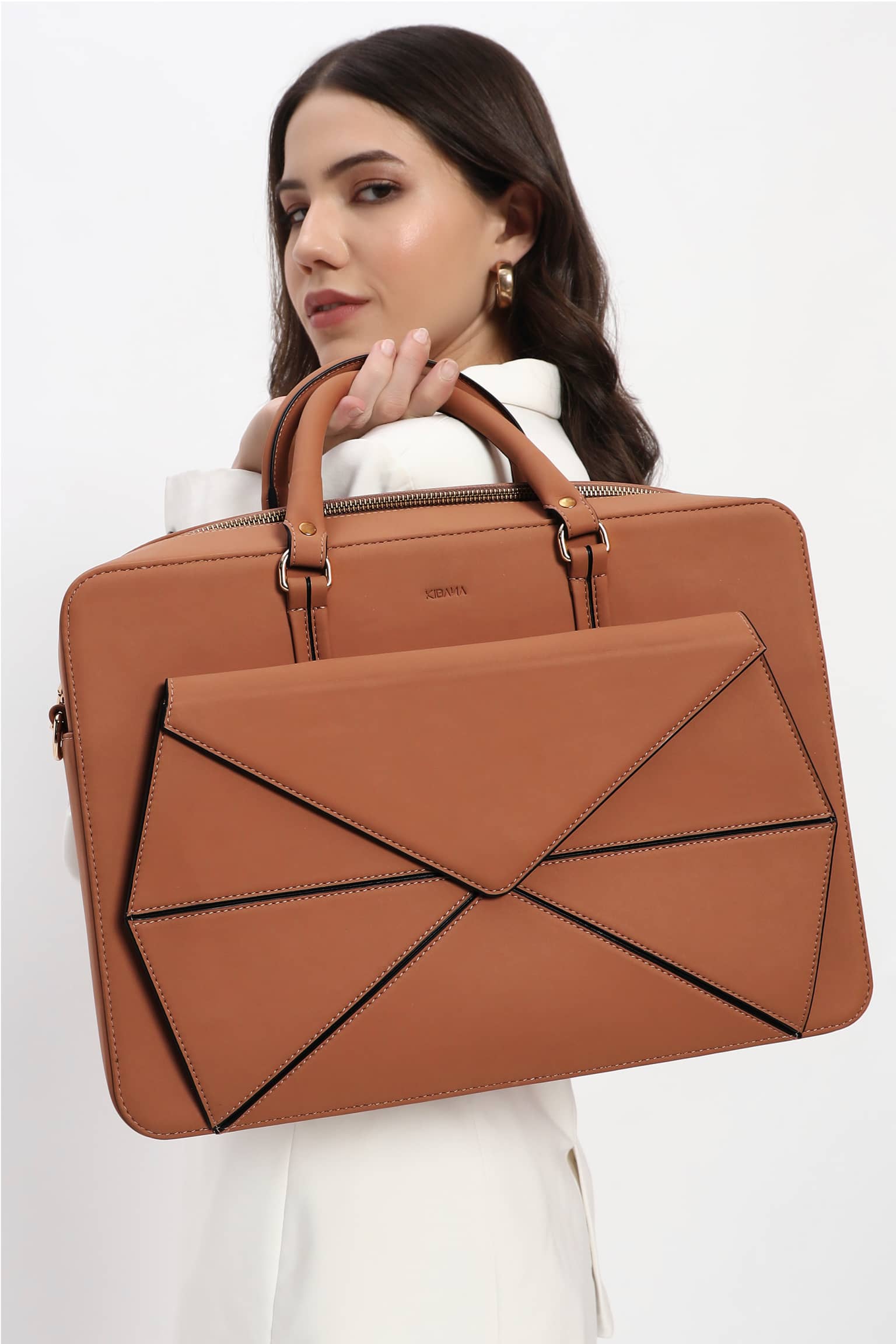 Sandesh Unisex Geometric Vegan Leather Laptop Briefcase Bag - [Mocha Tan]