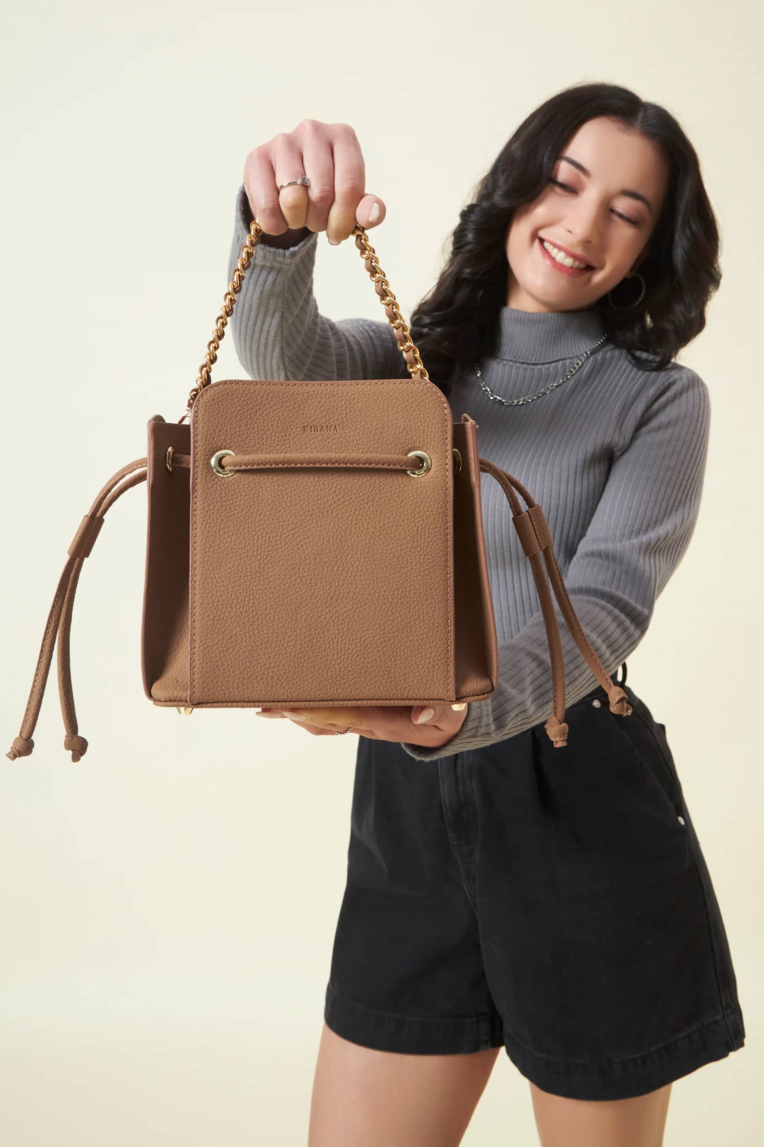 Halo Mini Chain Sling Bag in Vegan Leather - Tan